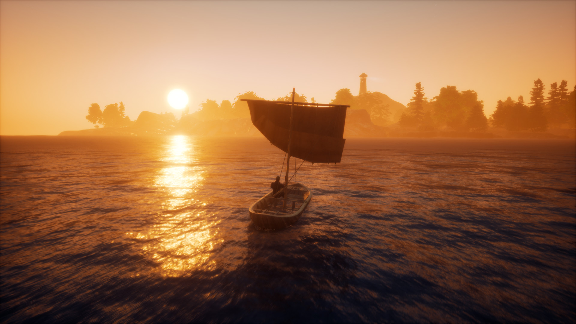 Sailing towards a wooded island at sunset